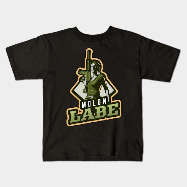 Woman With A Rifle | Molon Labe Kids T-Shirt by Mega Tee Store